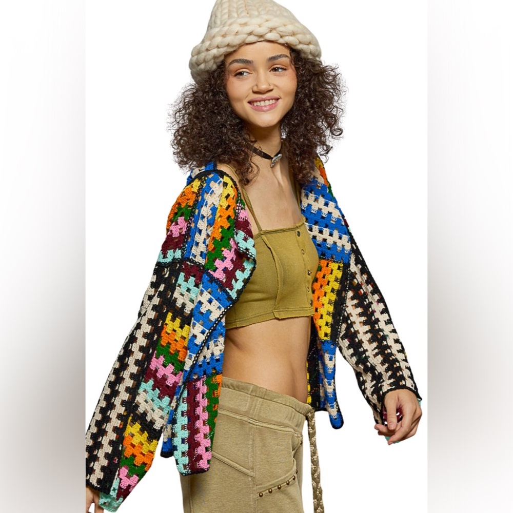 POL Colorful Crocheted Patchwork Open Front Cardigan Sweater Boho Statement - Picture 8 of 9